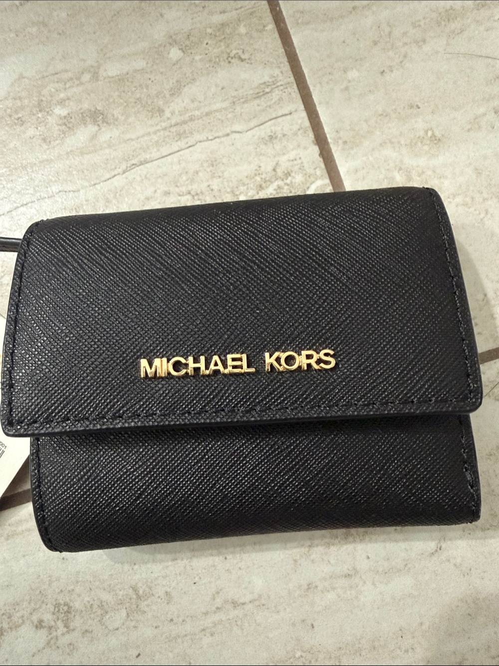 Michael Kors Black Saffiano Leather Small Wallet with Gold Logo..trifold…NWT